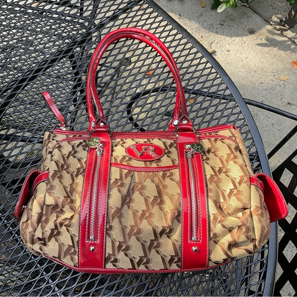Gorgeous Red & Tan Silver Hardware & Zippers Double Handle Victoria Roberts Bag! - Picture 9 of 16